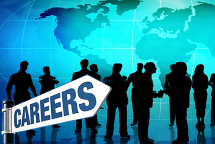 Graphic with Careers sign-post and silhouettes of people in front of a world map