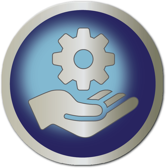 Icon artwork with an open hand holding a gear