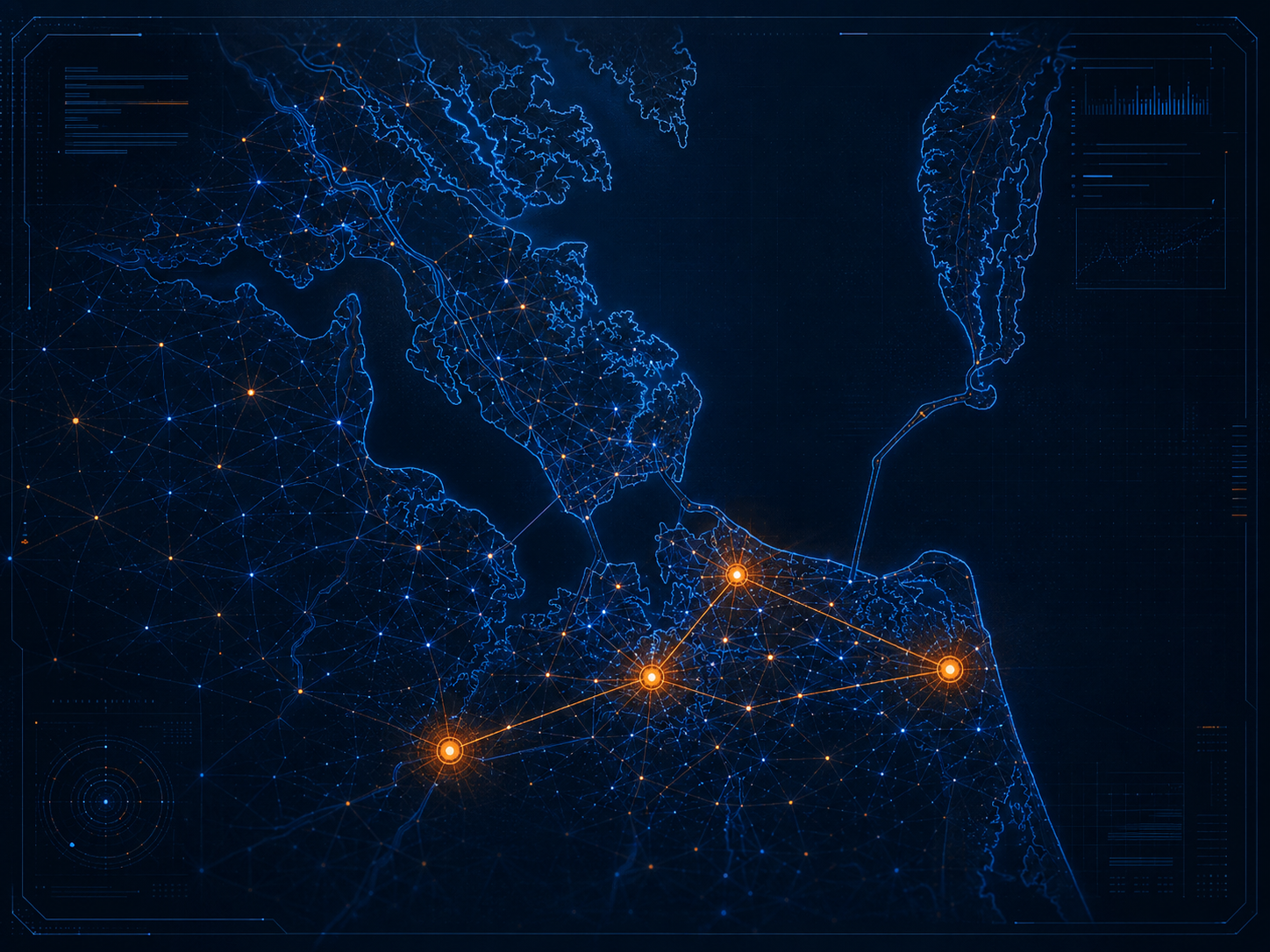 Stylized network map of the Hampton Roads region with SimIS in Suffolk connected across the regional test and evaluation community