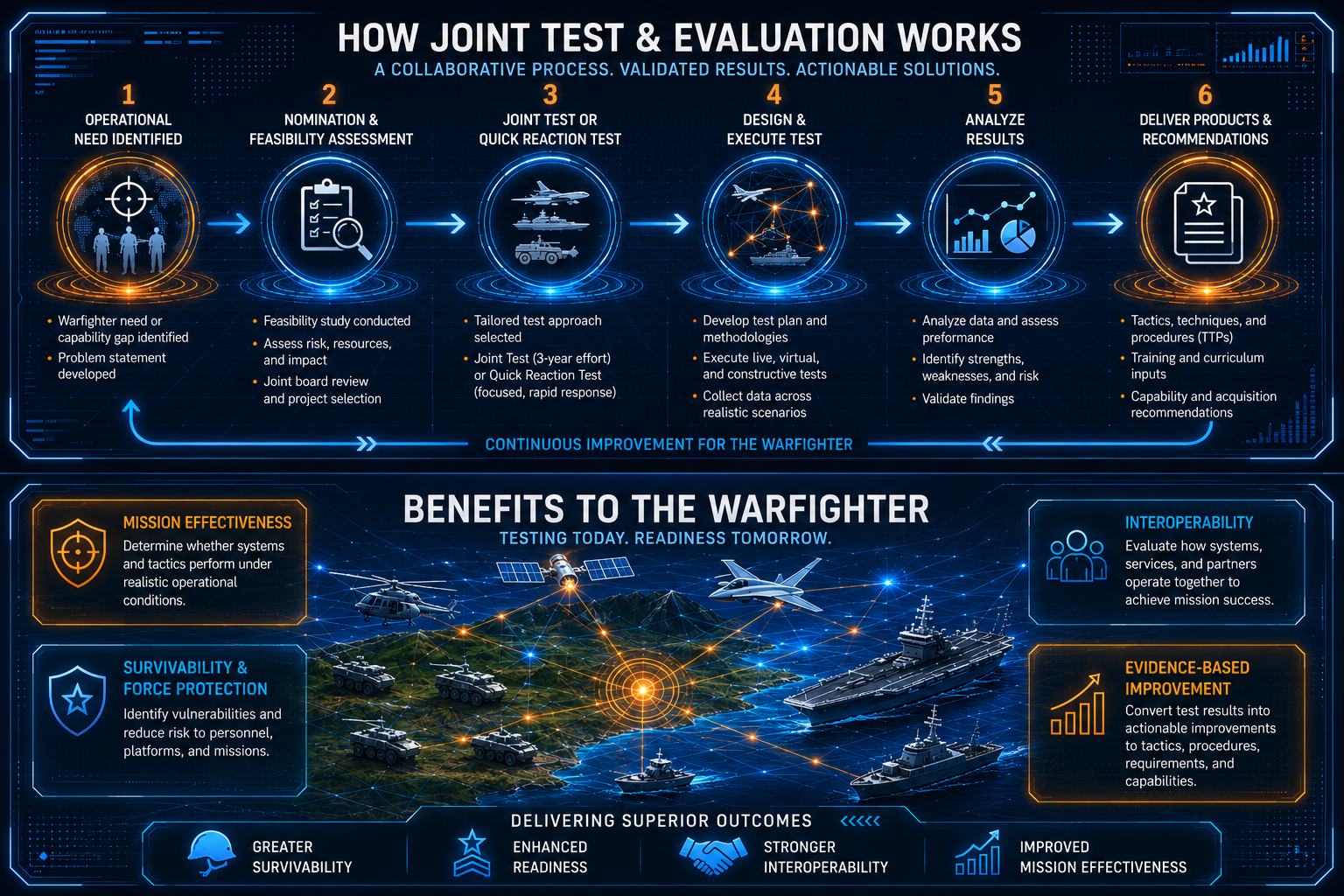 Infographic of the six-step Joint Test and Evaluation process, from operational need through delivered tactics, techniques, and procedures, with warfighter benefits