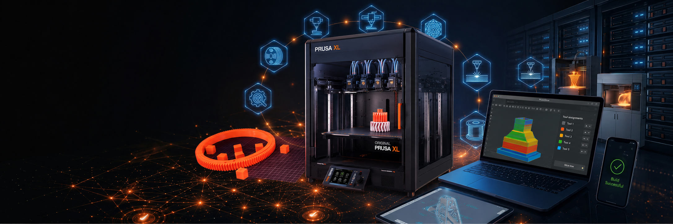 Industrial FDM 3D printer building a layered part, connected via a digital network to a laptop, tablet, and phone displaying build data and a 'Build Successful' confirmation