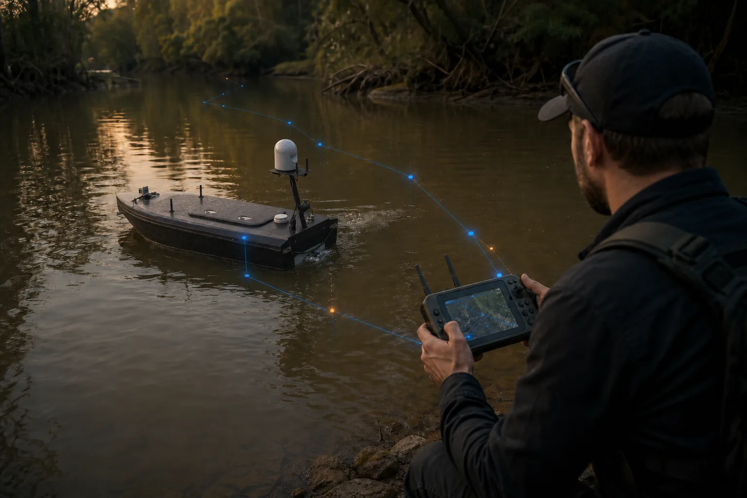 The RiverScout autonomous surface vessel underway on a narrow river at dusk while an operator controls it from the bank with a handheld tactical controller.