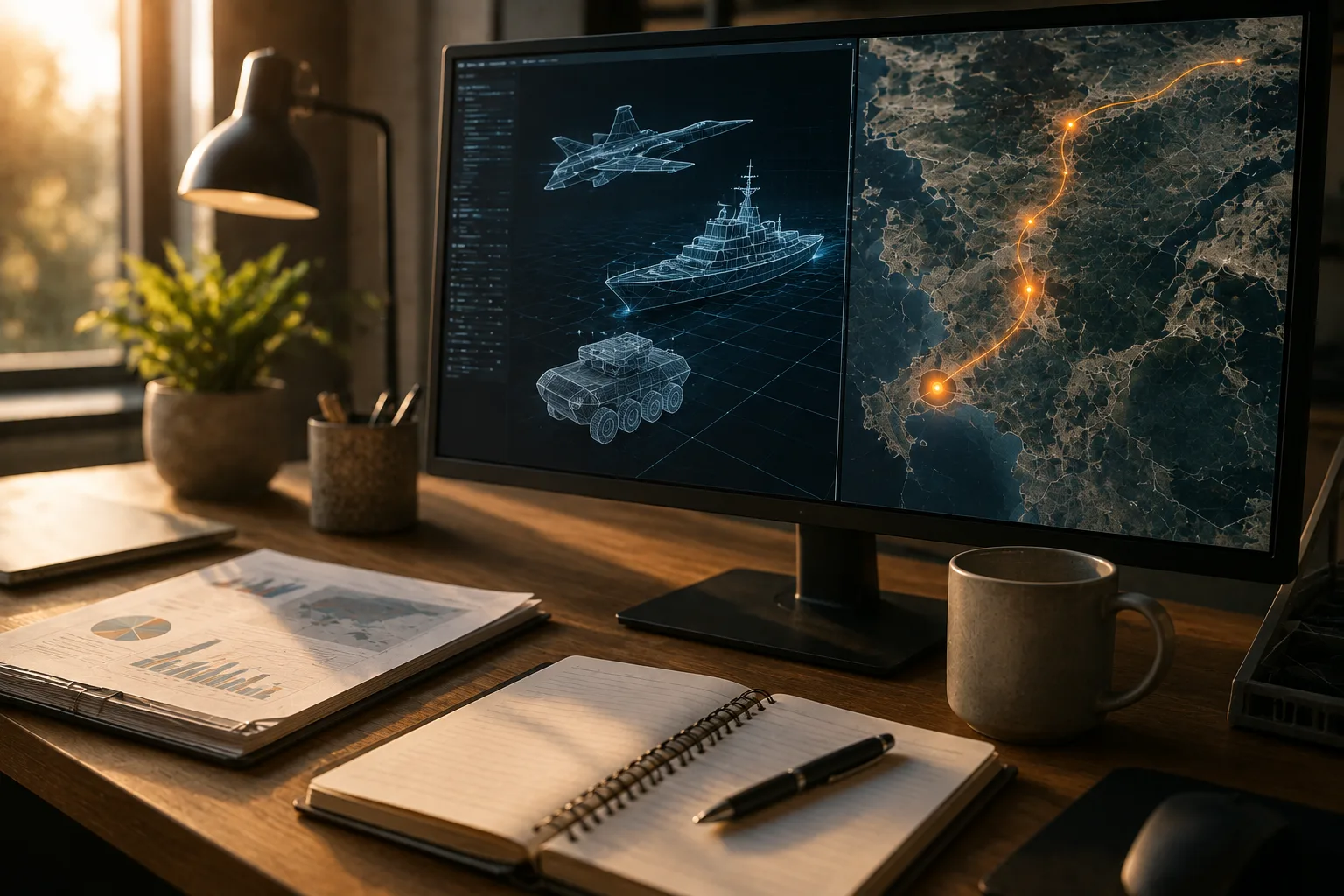 Engineer’s desk with simulation models and a geospatial map displayed on a widescreen monitor, alongside technical reports, a notebook, pen, and coffee mug.