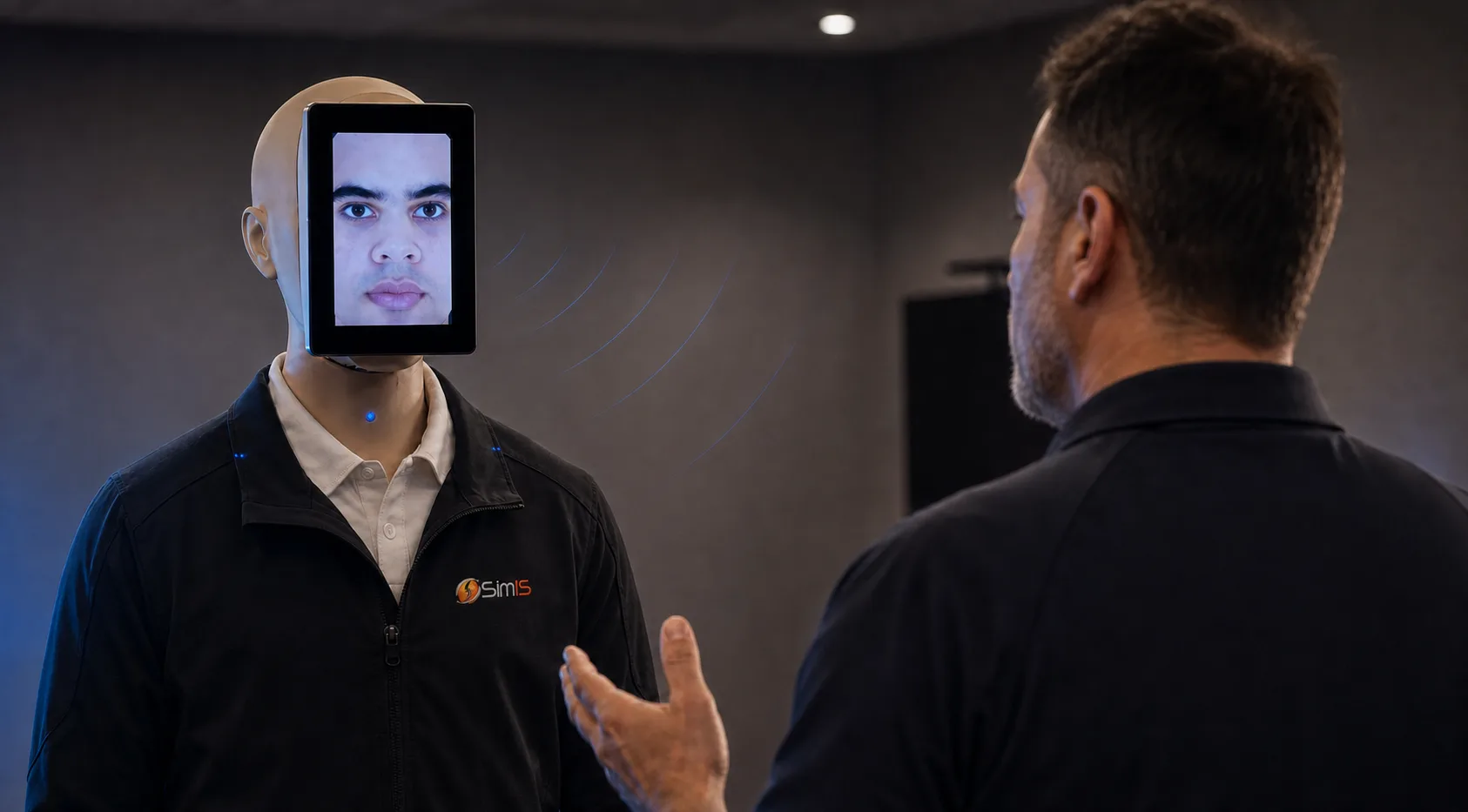 An ADRT de-escalation training robot with a screen-rendered face, standing in a room facing a law enforcement officer mid-conversation.